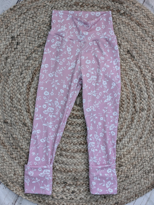 Legging rose fleurs blanche